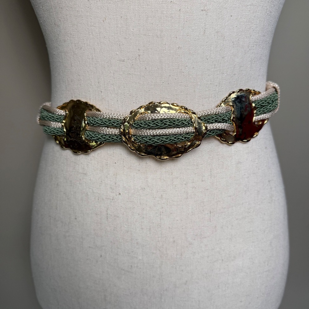 Vintage 1980's Braided Rope Statement Belt Hammered Gold Tone Boho Maximalist